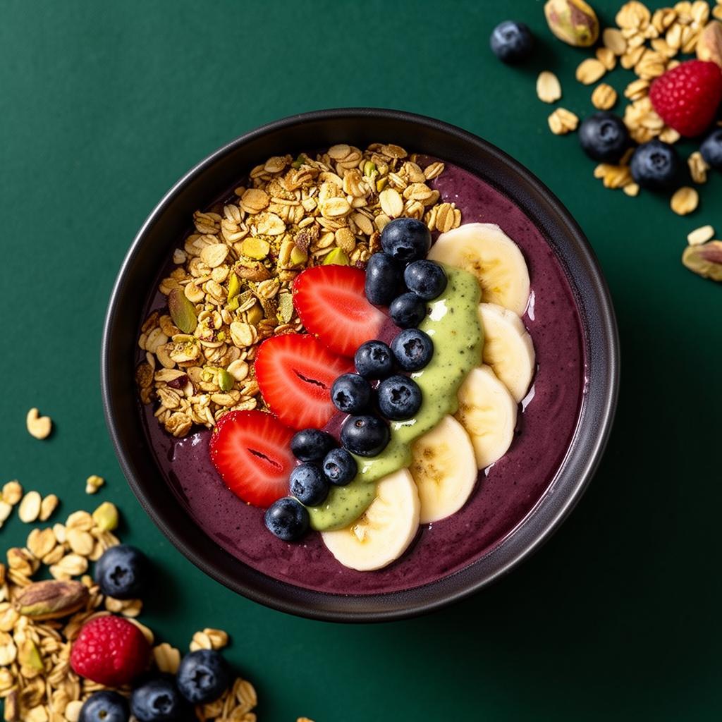 Frische Açaí Bowl mit Granola, Erdbeeren und Blaubeeren bei Froot Basket Essen